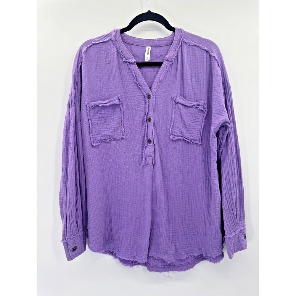 Zenana Purple Gauze Long Sleeve Top Medium 3 Button V-Neck Fairy Boho Beachy - Picture 2 of 11